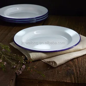 Antique Vintage White Enamel Metal Tray Dinner Dish Plates With Blue Antique Vintage White Enamel Metal Tray Dinner Dish Plates With Blue Rim