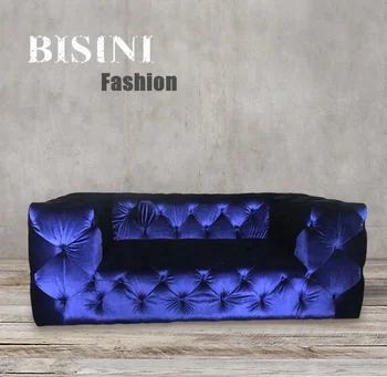 Retro On Tufted Upholstered Sharp Blue Fabric Sofa Stylish Retro On Tufted Upholstered Sharp