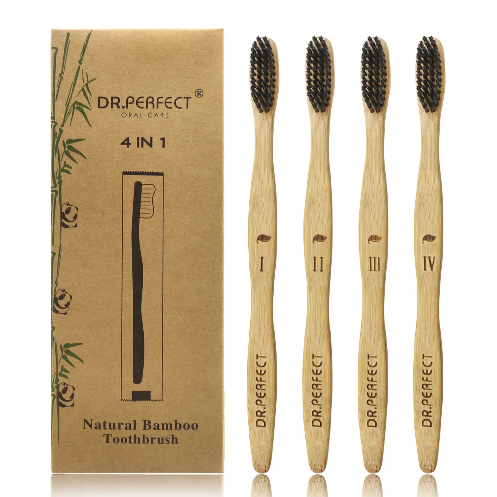 Pack Of 4 Beautifully Crafted Bamboo Toothbrushes With Curved Handle ...