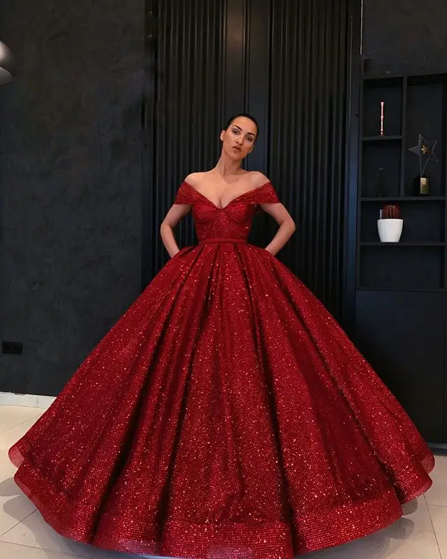 Off Shoulder Sexy Red Glitter Fabric Ball Gown Celebrity Evening Gown ...
