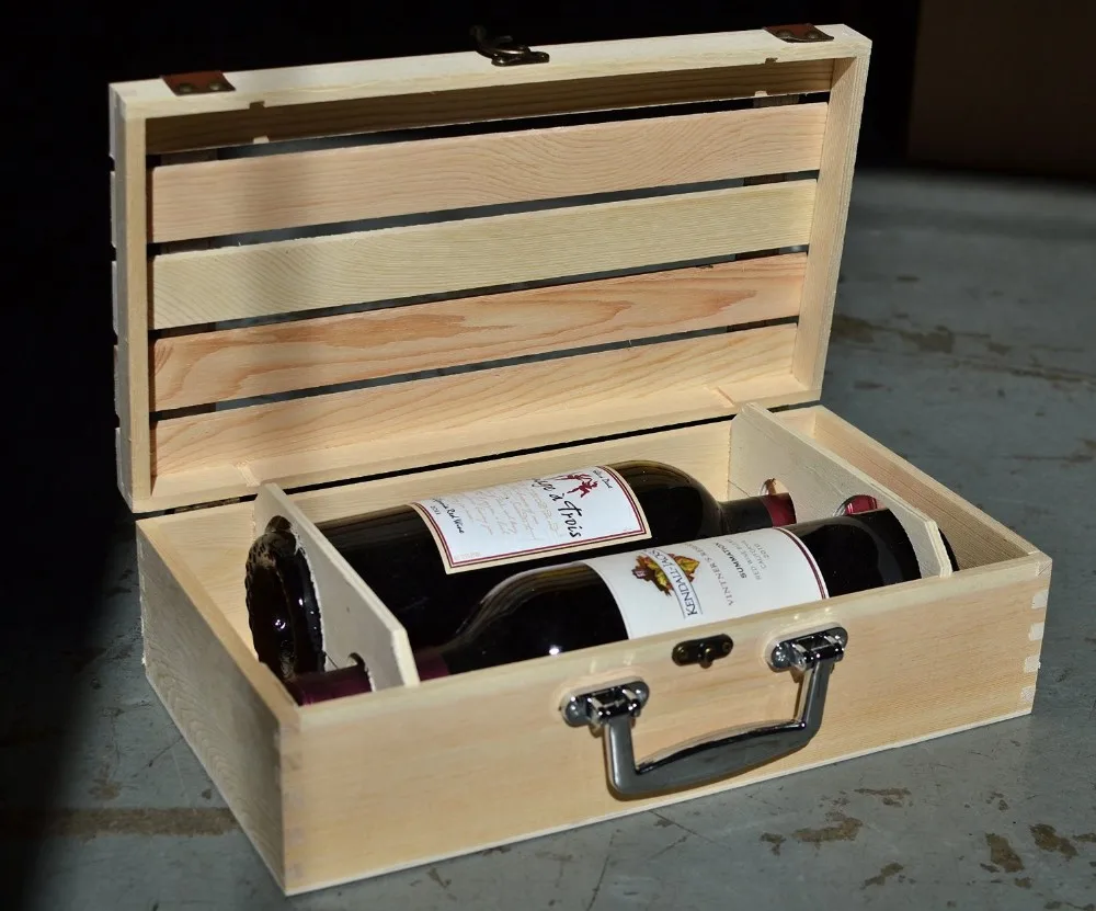 Handmade Vineyard Design Natural Pine Wood Crate 2 Wine Bottle Travel ...