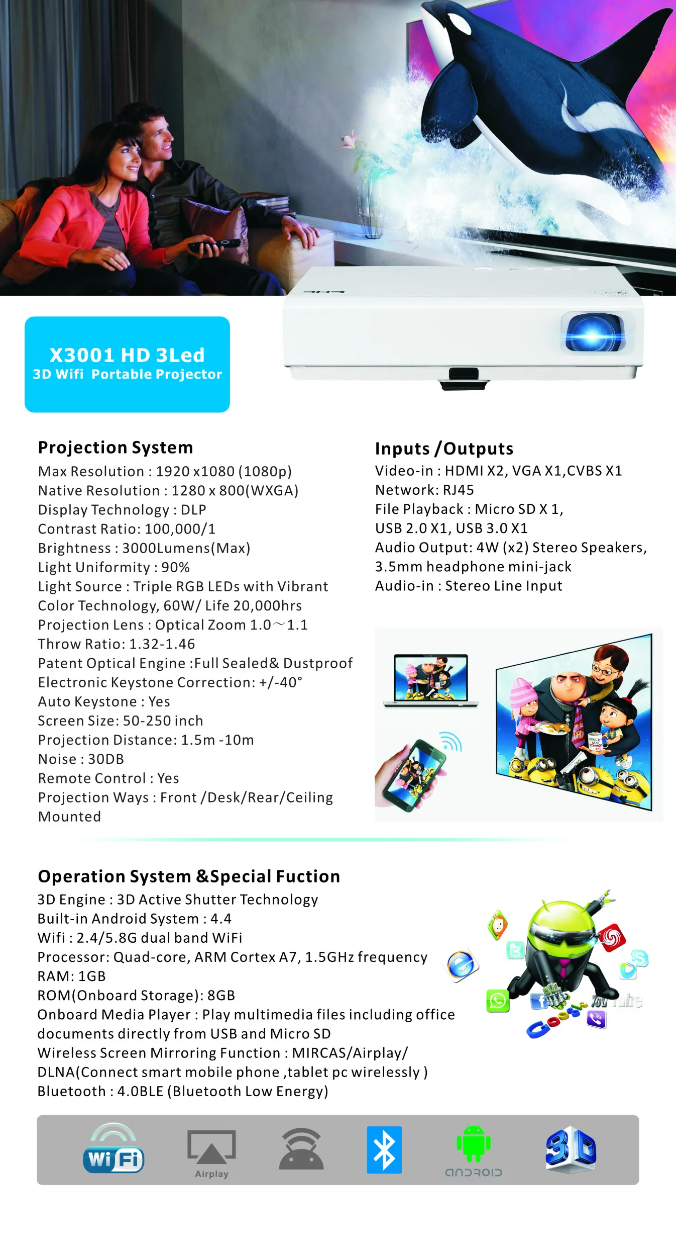 No Battery X3001 Mini DLP Android Projector With Wifi HDMI Home Theater Multimedia 3D Projector 1080P