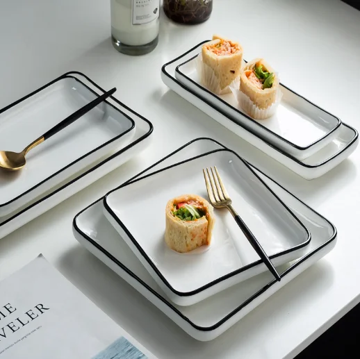 European Style Black Ceramic Dinner Plate Gold Rim 8" 10" Nordic Restaurant Plates Steak Plate