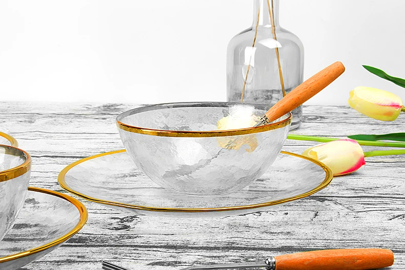 Clear Glass Charger Plates Wholesale Gold Silver Rimmded Serving Plates Bowl Set For Wedding