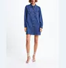 Casual ladies turndown collar long sleeve denim dress with patch pockets and front metal snap