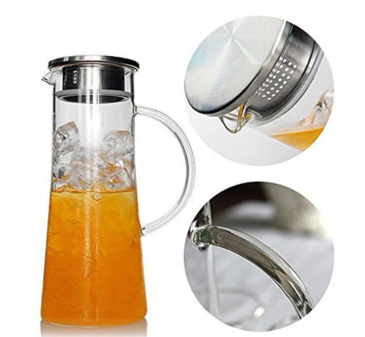 1500ml Hot Water Clear Glass Pitcher With Handle And 18/8 Stainless