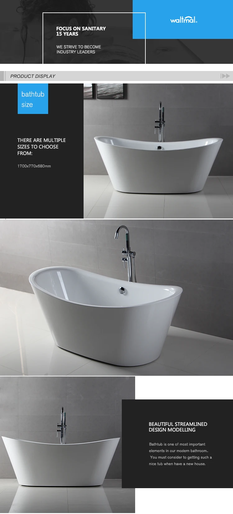 67 Inch Modern Luxury Double Deep Acrylic Deep Freestanding Bathtub