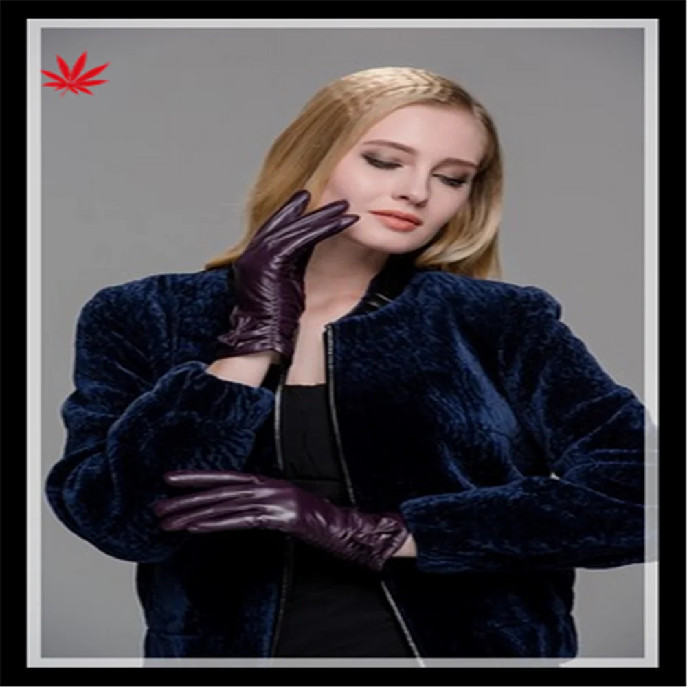 Lady's purple high-class lace cuff genuine leather gloves