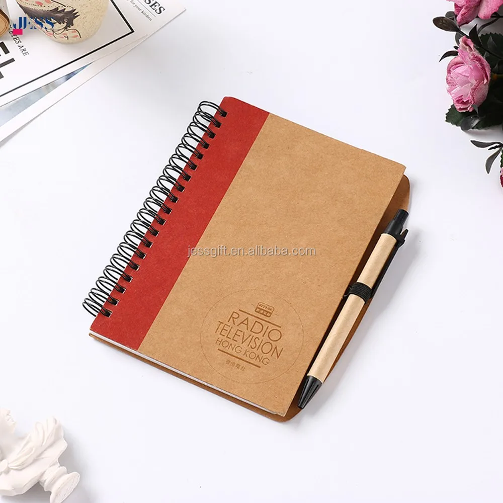 Custom Spiral Binding Kraft Paper Cover Eco Friendly Notebook With Pen