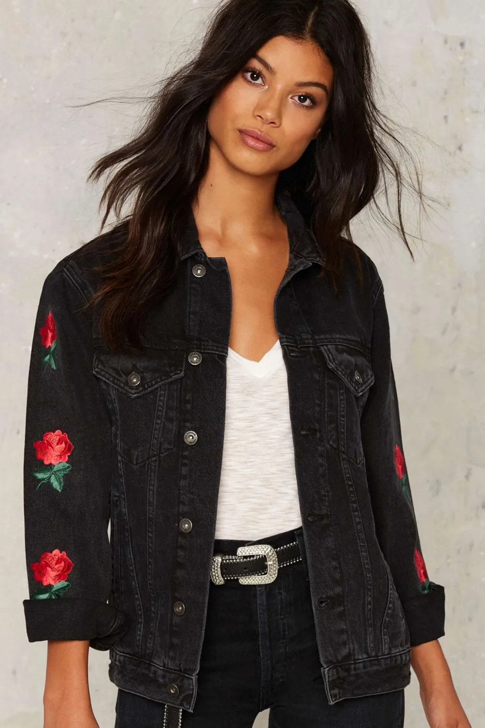 Embroidered Red Rose Patch Faded Black Denim Cool Short Jacket For ...