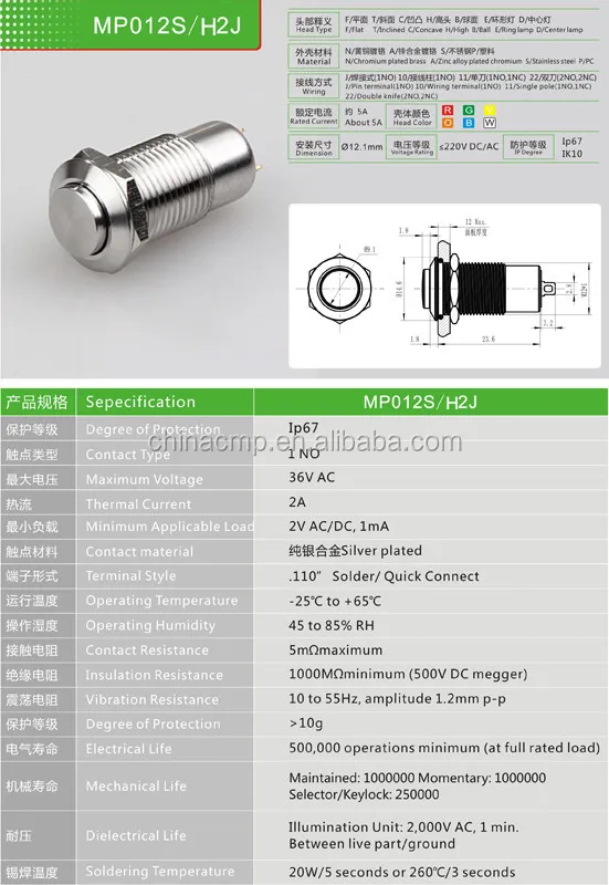 Mounting diameter 12mm stainless steel waterproof novelty push button ip67