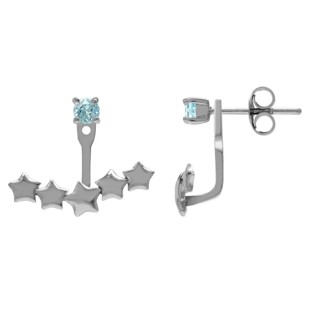 Genuine Swiss Blue Topaz White Gold Plated 925 Sterling Silver 5-Star 2-Way Stud&Ear Jacket Earrings