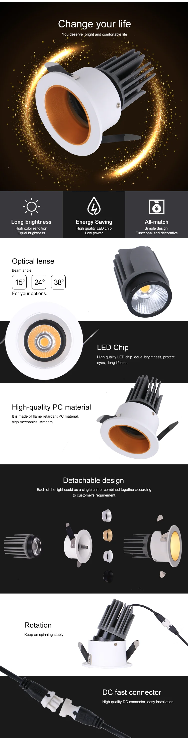 2019 Hot Sell IP65 Customizable COB led downlight,led down light housing