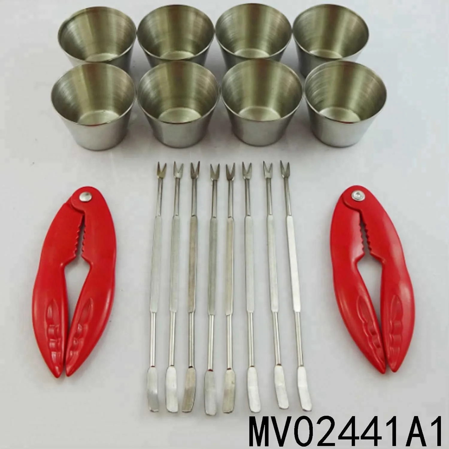 
NEW DESIGN STAINLESS STEEL SEAFOOD SERVING SETS WITH 2 LOBSTER CRACKERS+8 FORKS+8 CONDIMENT SAUCE CUPS 