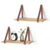 Set of 2 Hanging Wall Wood Floating Storage Shelves Leather Strap Swing Organizer Wall Mounted Shelves