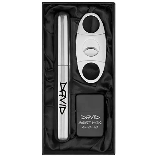Engraved Stainless Steel Cigar Tube Flask, Cutter, & Lighter Gift Set Custom Personalized