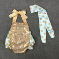 New Baby Girls Sequins Dots Ruffles Rompers with Headbands Toddler Baby Gold Halter Summer Fashion Clothing