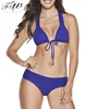 Wholesale strappy back removable cup Solid blue halter front tie halter ladies sexy triangle push up bikini