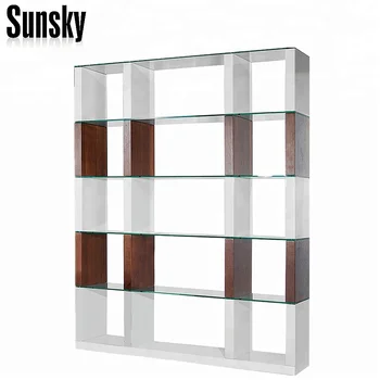High Quality High Gloss White And Walnut Modern Wooden Bookcase