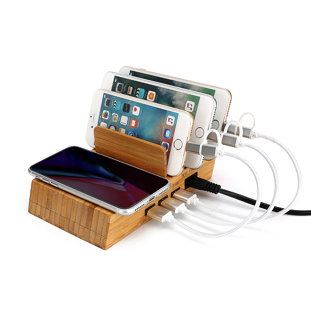 Bamboo 3 Usb Charging Station Dock With Qi Wireless Charger Fast 3 Port