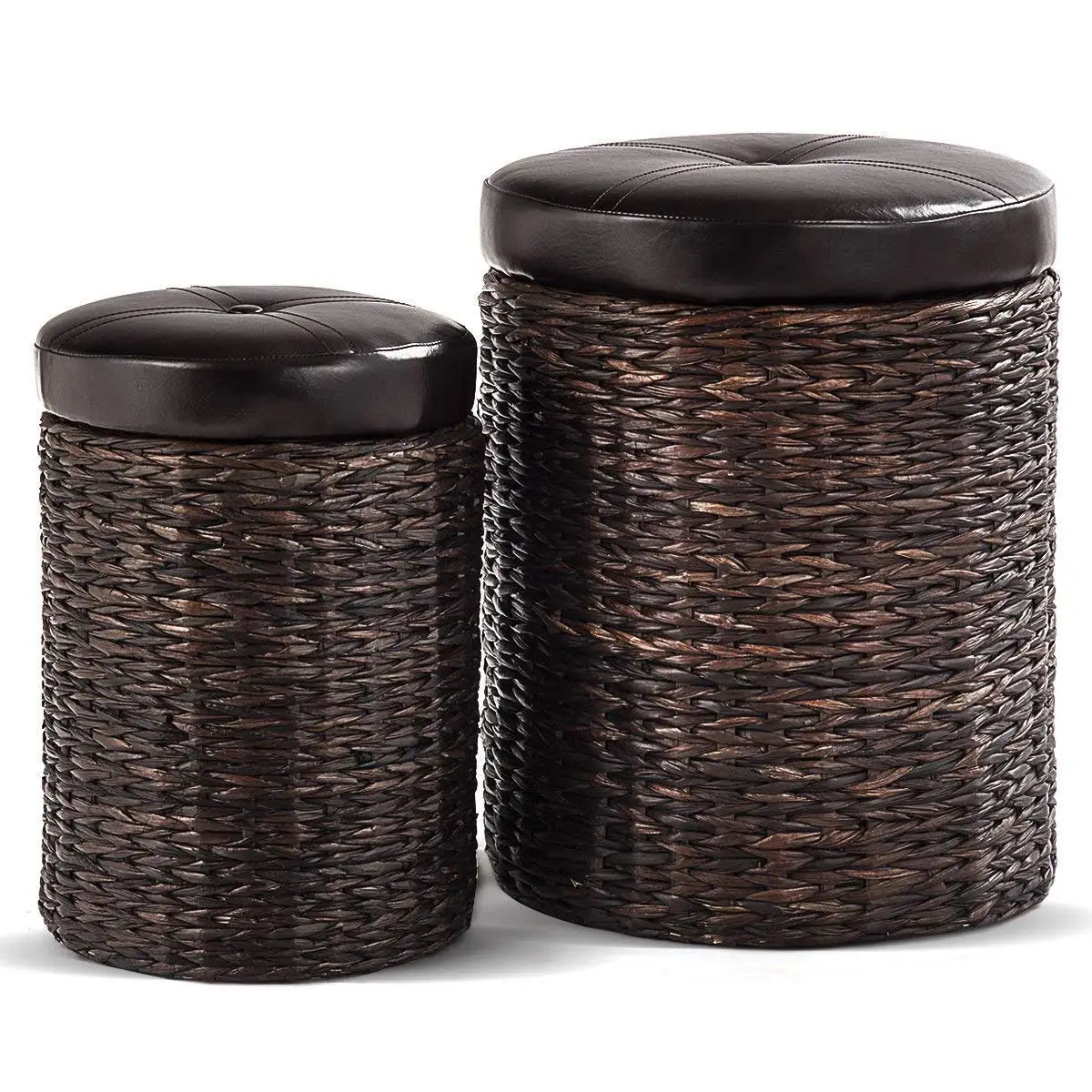 Globe House Products GHP 2-Pcs 330-Lbs Capacity Brown Rattan Wicker Foot Rest Stools with Hidden Storage