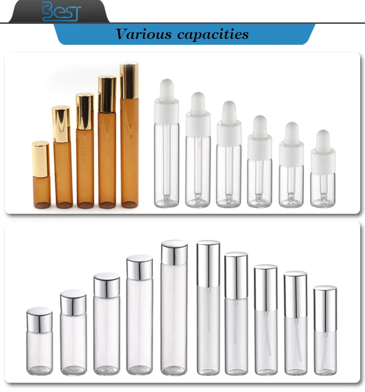 Luxury Serum Bottles Vials 3ml 5ml 6ml 8ml 10ml 12ml 15ml Push Button Dropper Silver Glass