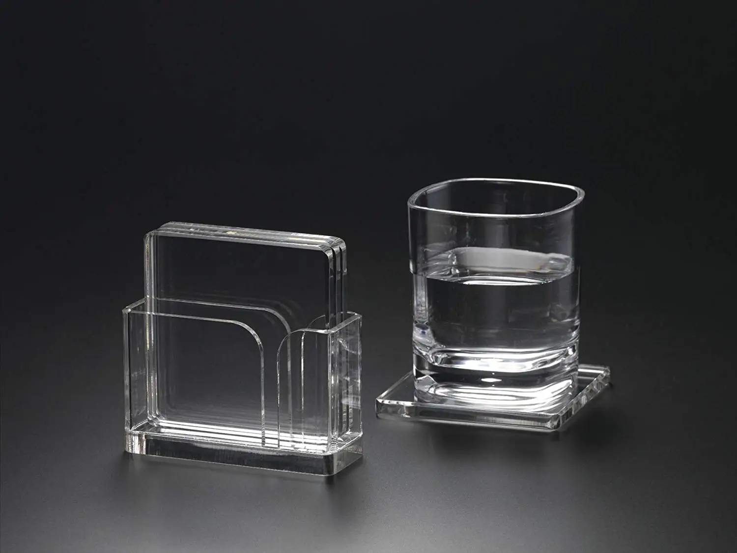 Set of 4 4" Square Acrylic Lucite Coasters with Holder