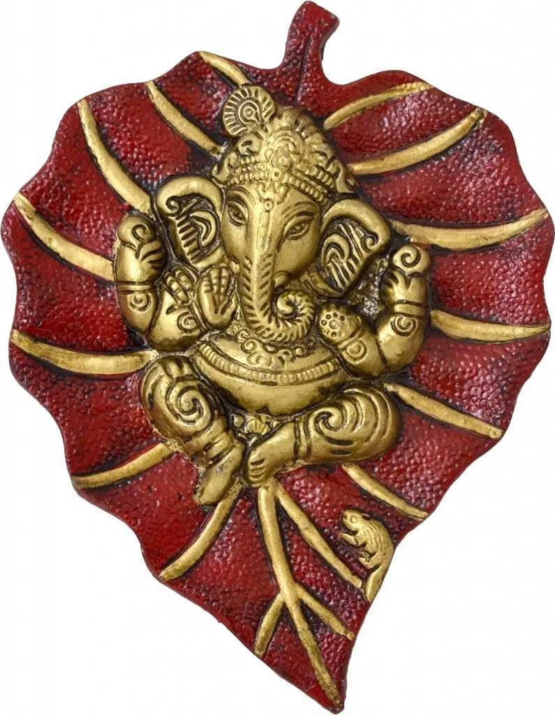 The Hue Cottage Lord Ganesha on Leaf Wall Hanging Handcrafted Metal Red Showpiece Indian Hindu Religious Ganpati Figurine Indian Gift Items