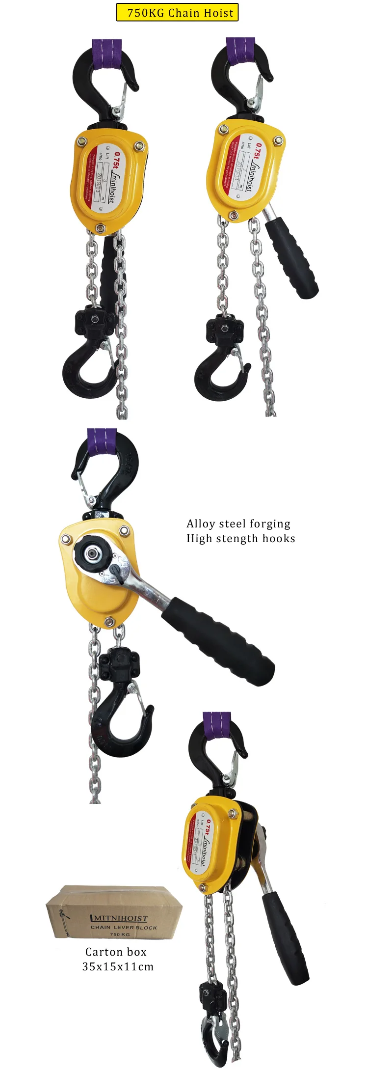 Construction Used 1.5 Meters Long 250KG Easy Carry Mini Hand Chain Lever Hoist Block