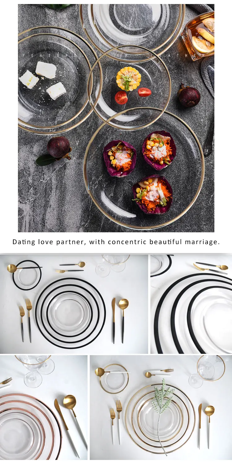 Jc Opal Luxury Clear Glass Black Rose Gold Rim Dinner Plates For