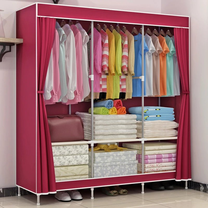 Portable Folding Cheap Simple 3 Door Fabric Cloth Storage Wardrobe