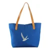 Custom Large Capacity Foiling Logo Blue Canvas Tote Shopping Bag with Leather Handle and Polyester lining
