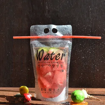Fda Clear Juice Sealed Drink Pouches Translucent Reclosable Hand Held Zipper Plastic Drinking Bags With Straw Pouch Standing
