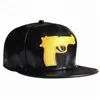 promotional adjustable strap 6 panel flat brim hat and cap with embroidered gun patch PU leather baseball cap