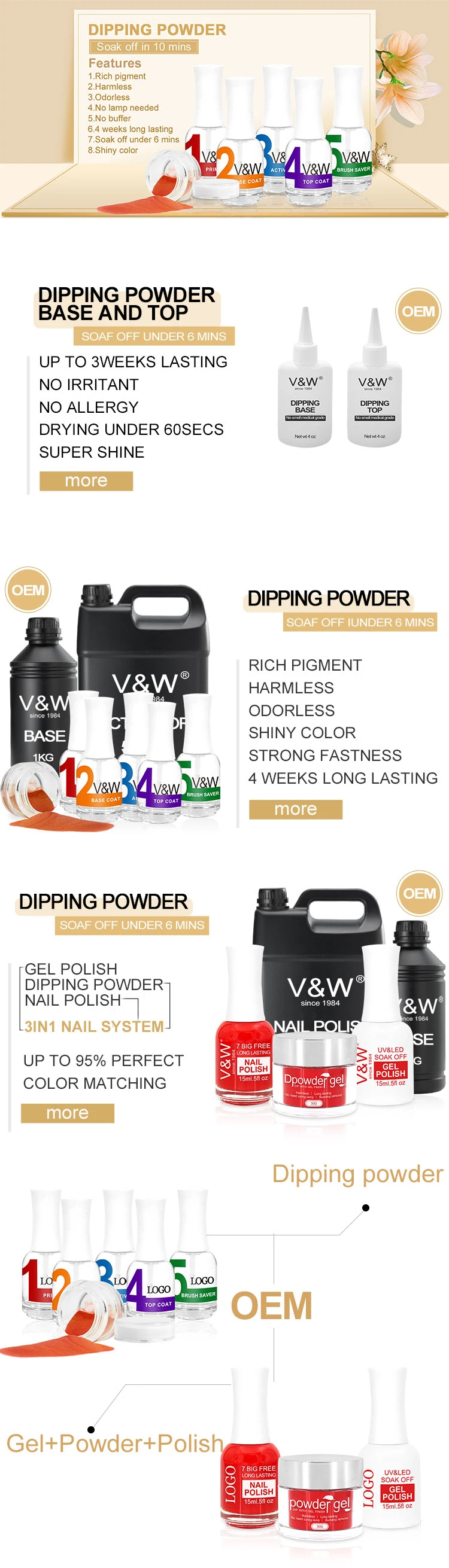 OEM 3 in 1 nail Gel match Acrylic Dip Powder and Polish color set