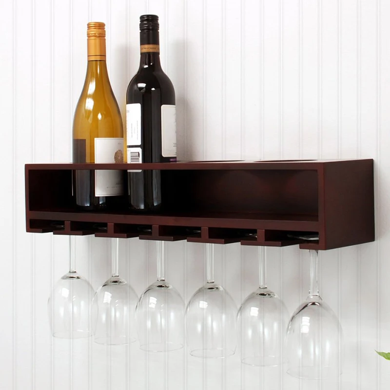 Mdf Wooden Wall Mounted Wine Rack Holder With Hanging Glass