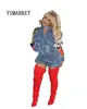 Vintage Fashion Graffiti Printed Splice Ripped Pocket Jacket Women Long Sleeve Denim Jacket Dashiki Street Wear ESMR8364