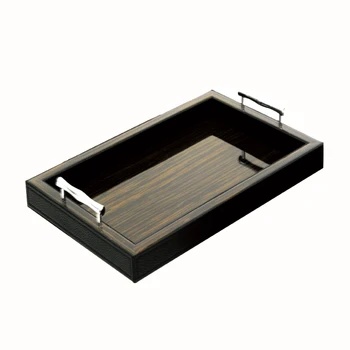 black wooden serving tray with handles