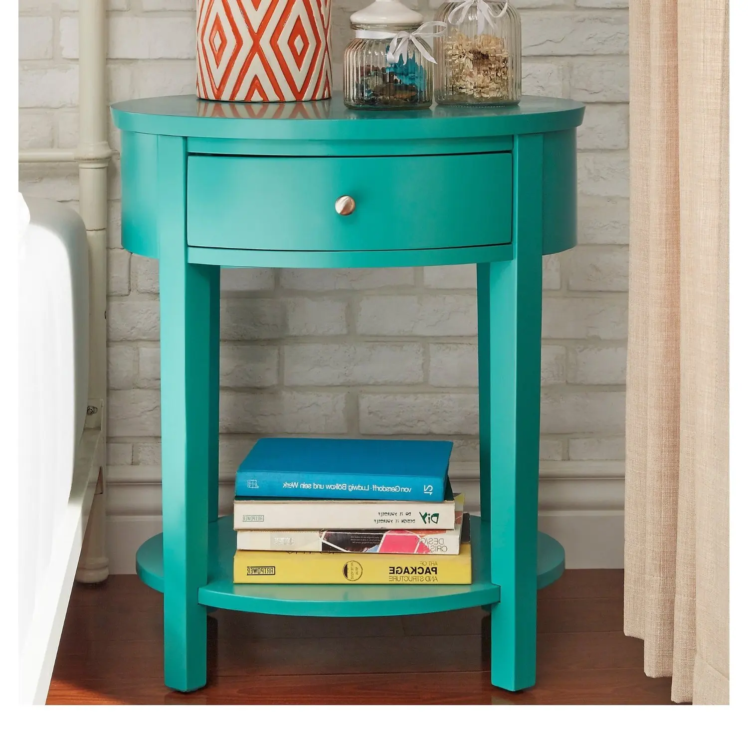 Buy Single Piece Marine Green 1 Drawer Oval Wood Shelf Accent End