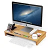 Multifunction computer monitor riser stand with pull-out bamboo drawer