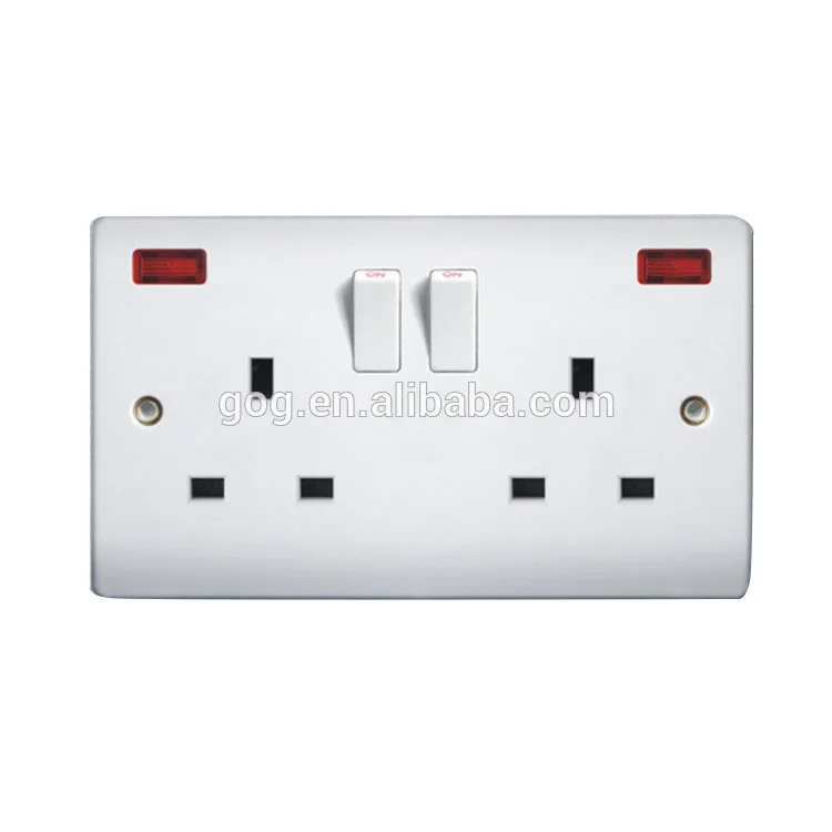UK style 2 gang 13 amp switched socket outlet with indicator neon light