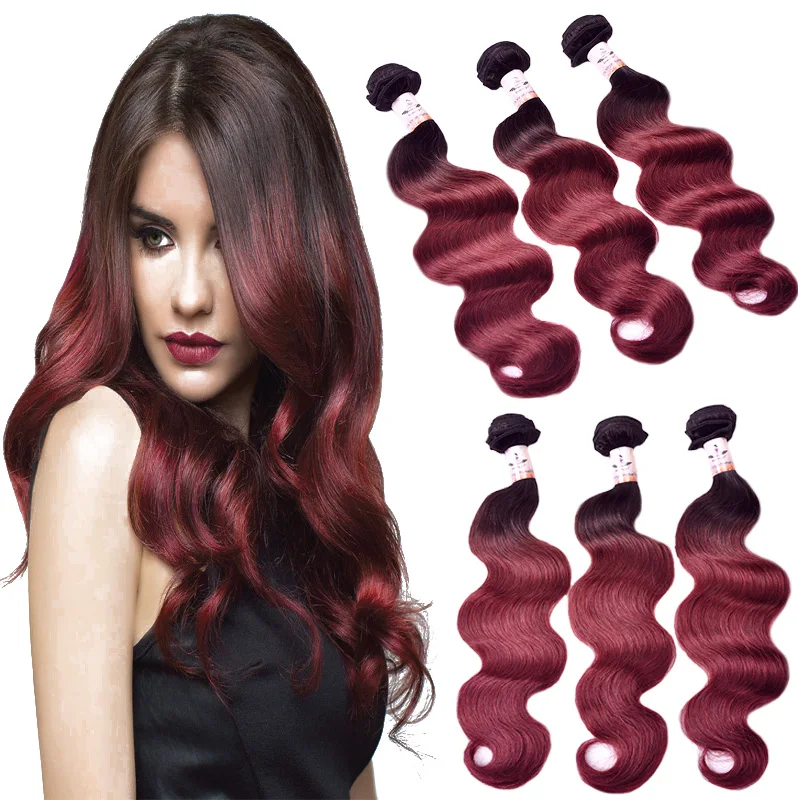 7a Red Wine 99j Remy Hair Weaving Two Tone Ombre Colored Brazilian