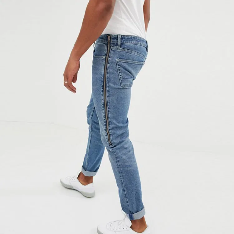 Men Wholesale Cheap Jeans Side Zip Mid Wash Blue Skinny Jeans Men - Buy ...