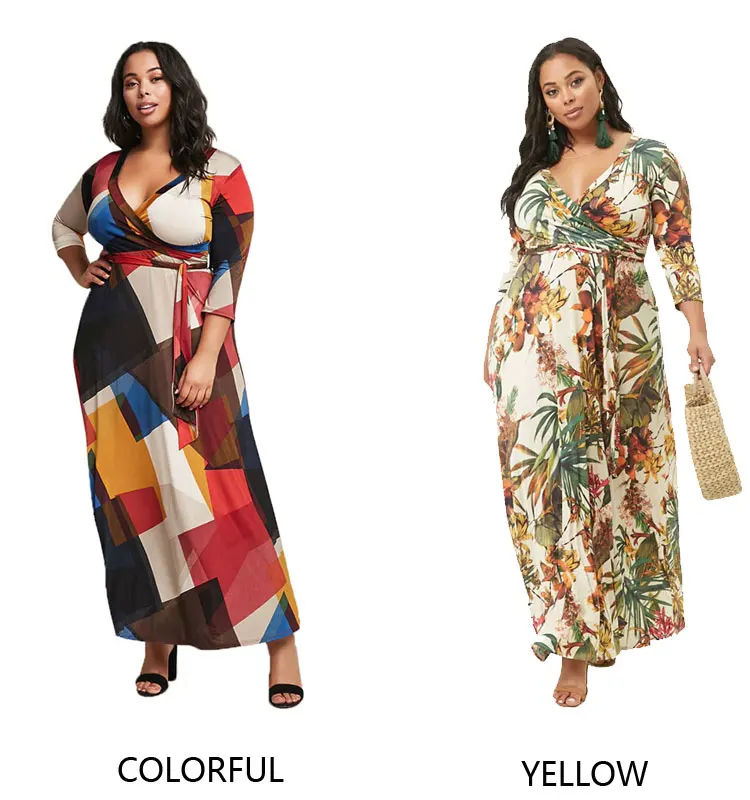 Women Plus Size 3//4 Sleeve O-Neck Floral Printed Lace Two-piece Maxi Long Dress