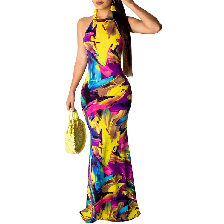 

Women comfortable summer casual slim fit sleeveless print full length maxi dress