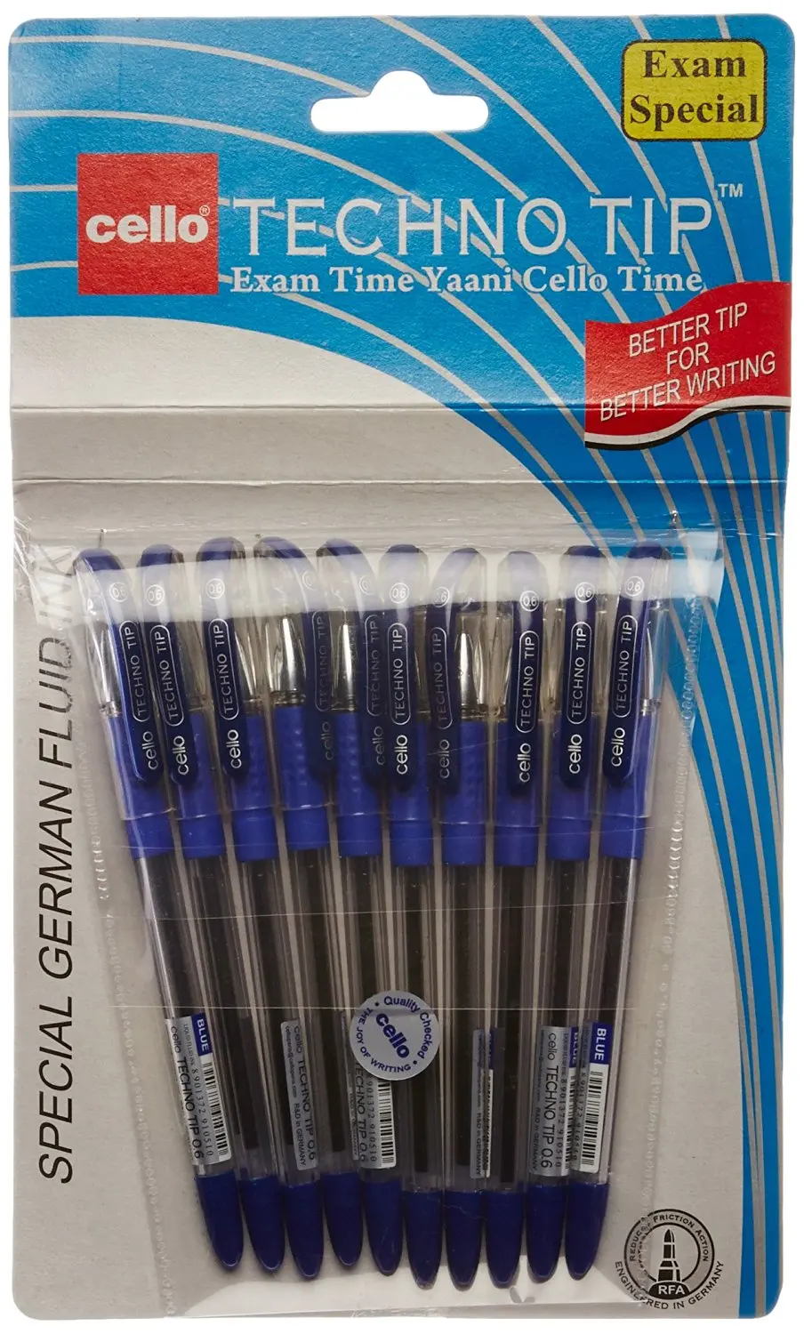 1 X 10 Cello Technotip PEN Top Ball Point 0.6 mm Smooth Writing Blue Brand Ad By Indian Cricketer Mahindera Singh Dhoni Lot of 10 Pens