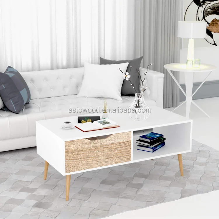 Modern Style Melamine Coffee Table In Living Room White And Light Oak