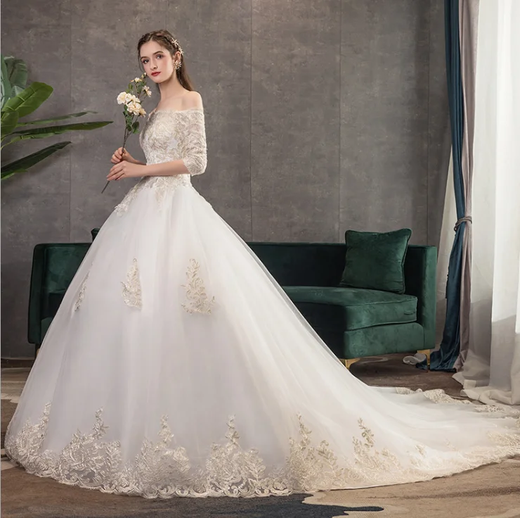Promotion Lace Applique Cathedral Train Wedding Dress Bridal Gown