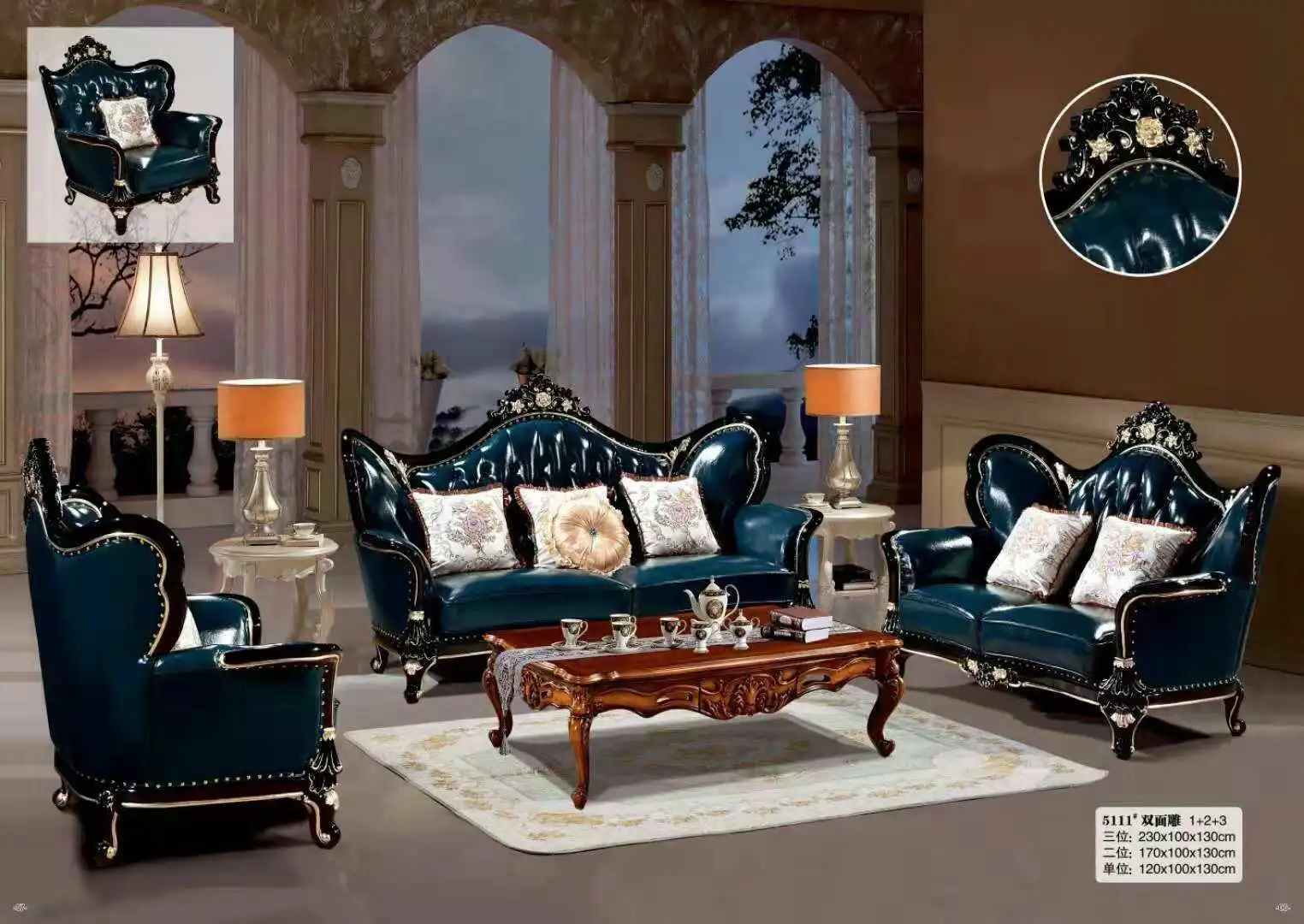 high quality European antique living room sofa furniture genuine leather 1+2+3 set mgsf5111
