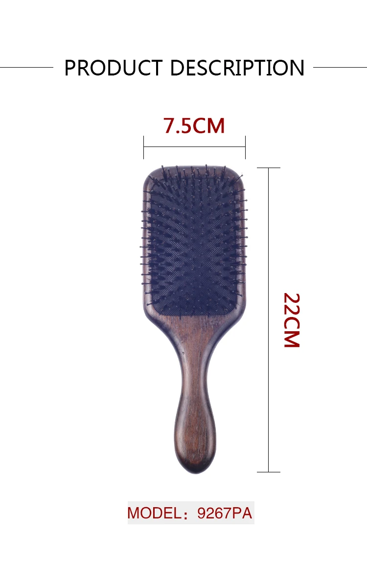 EUREKA 9267PA-BR Engraved Wooden Bristle Nylon Pins Hair Brush Rubber Wood Hair Brush Massage Classical Style Hair Brush